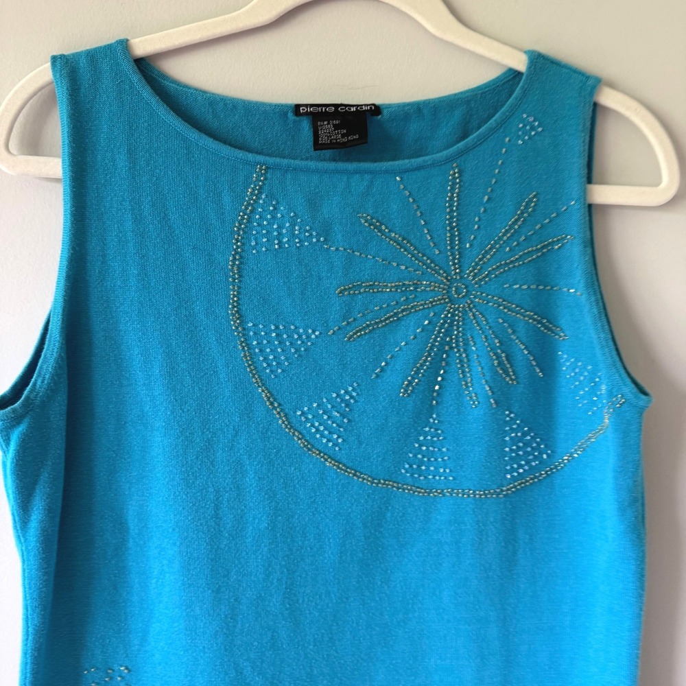 Pierre Cardin Turquoise Blue Beaded 100% Cotton Knit Sleeveless Top Tank Large